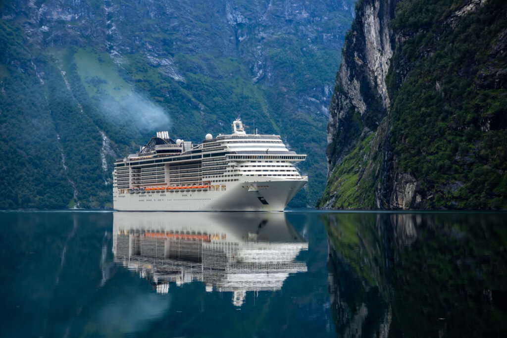 cruise liners on geiranger fjord, norway